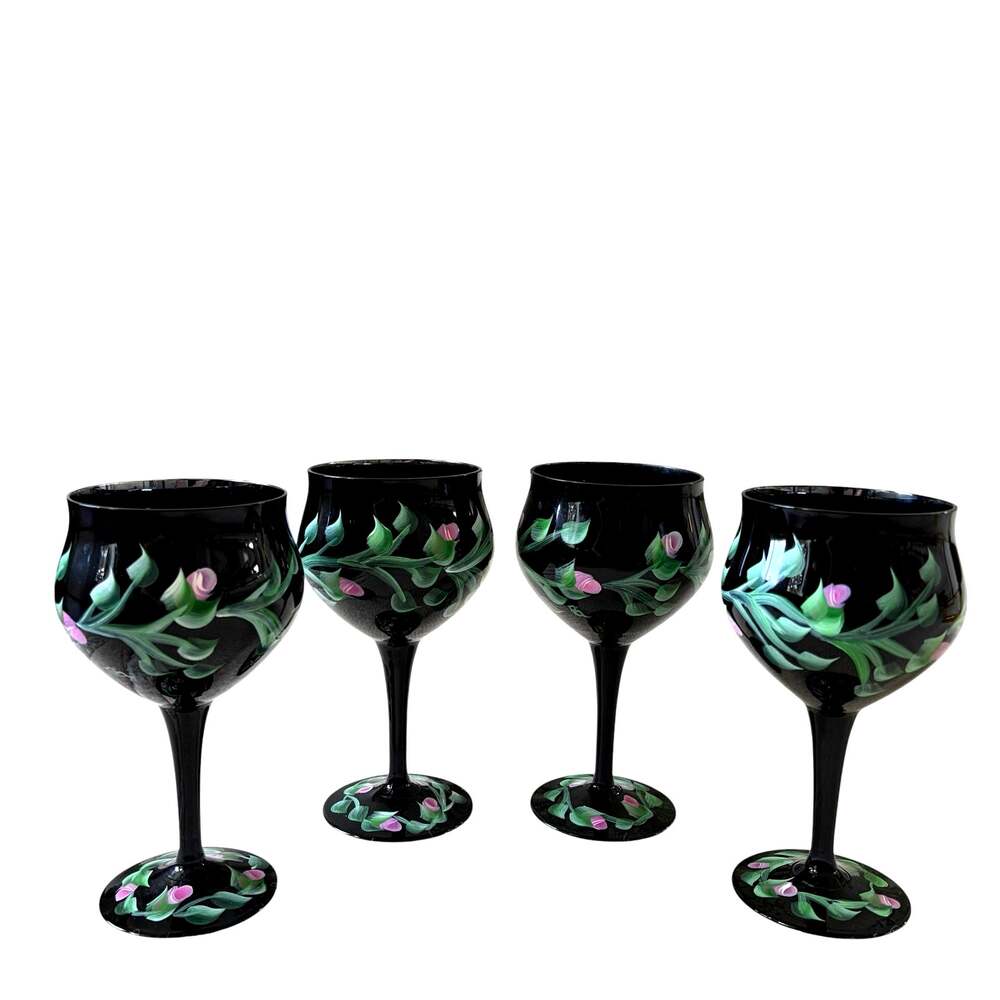 Vintage Hand Painted Floral Black Wine Goblets Set of 4 Chic Barware